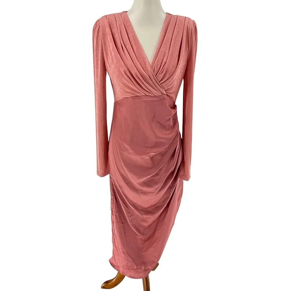 NWOT, Pink Draped Long-Sleeve Midi Dress By Spoken, L - Picture 3 of 12